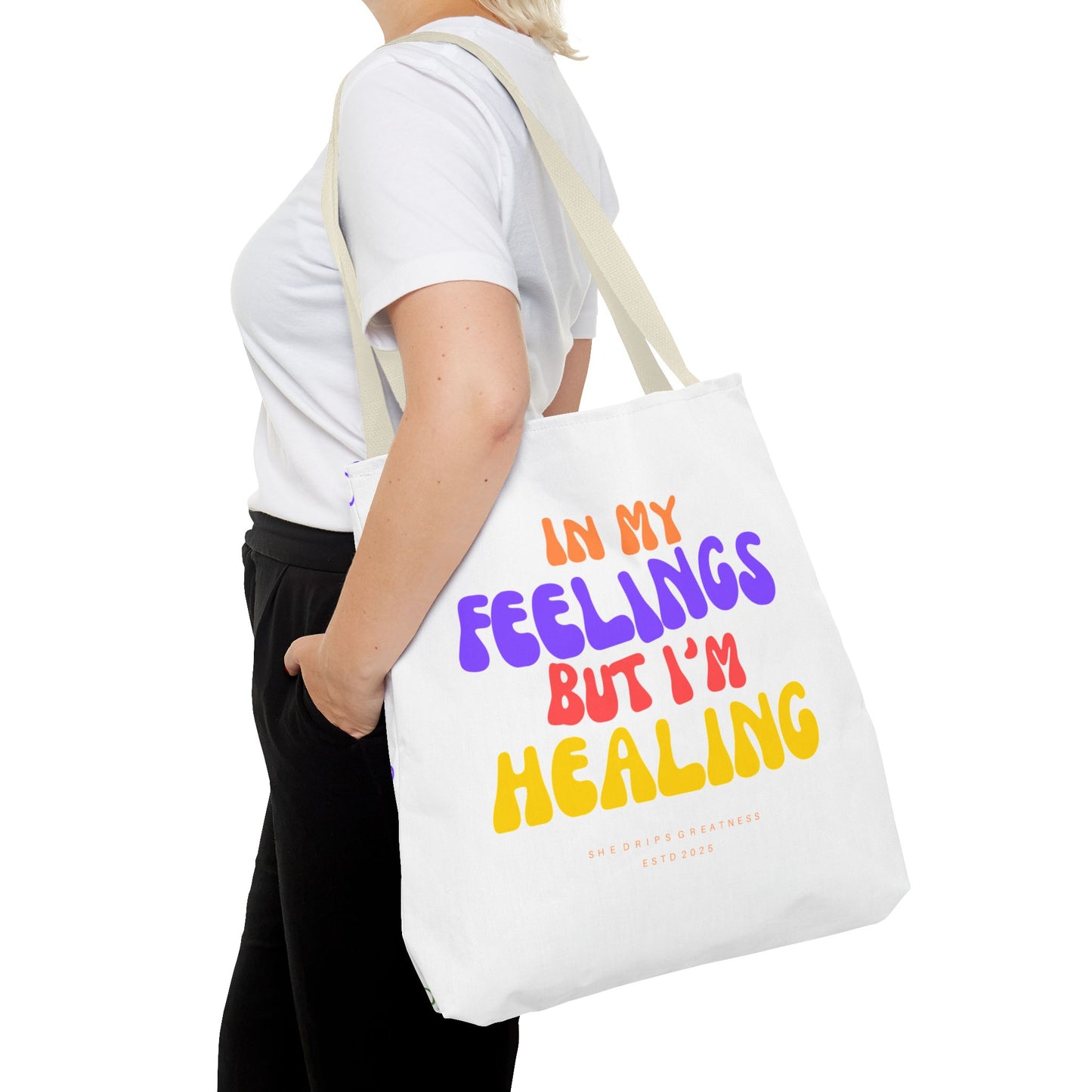 “In My Feelings But I’m Healing” Tote Bag
